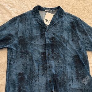 Zara Blue and Black Casual Button Down Shirt